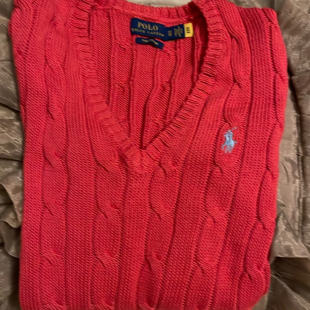 Polo Ralph Lauren red/orange sweater with a light blue polo logo! Soft Pima!
